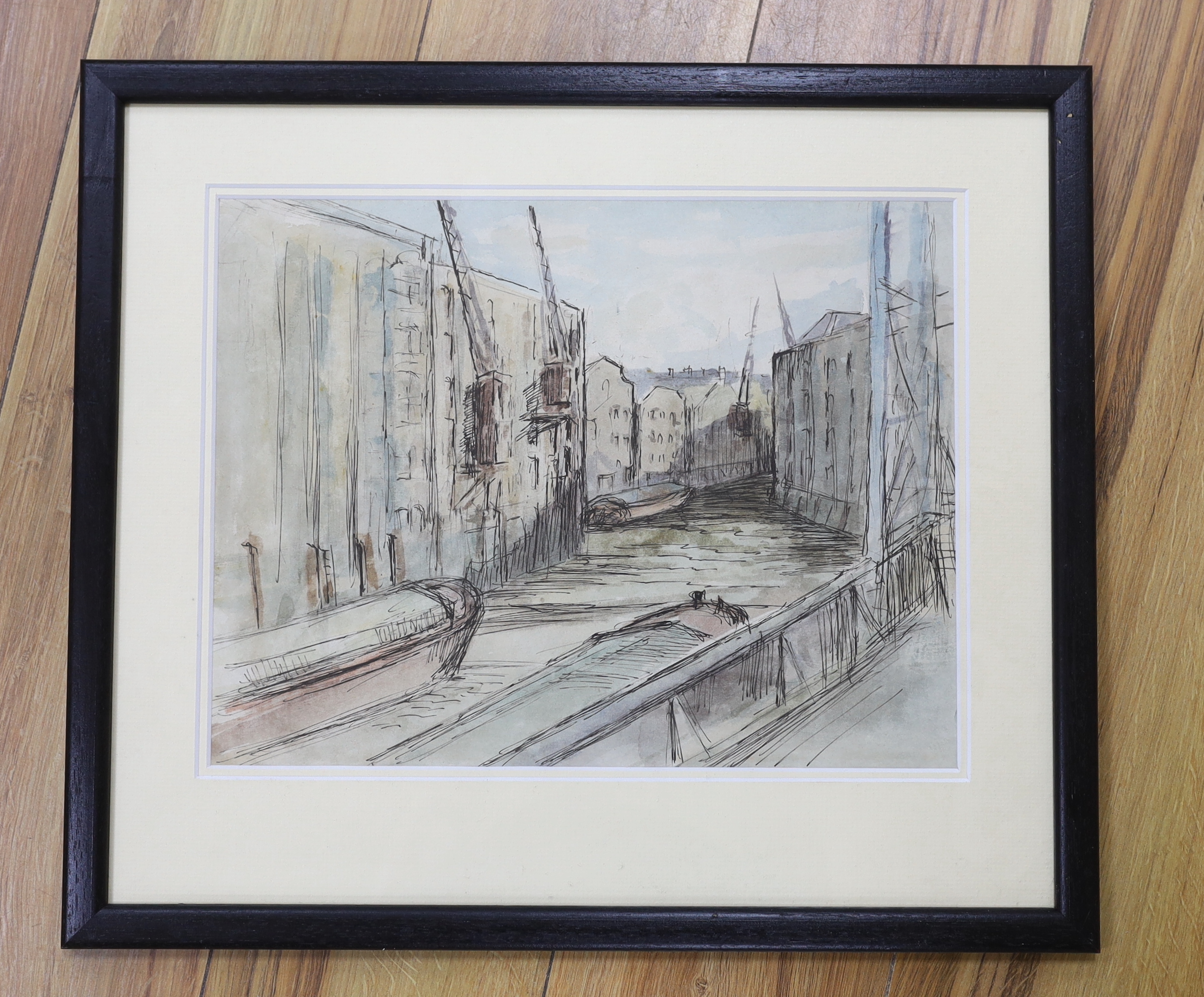 Harry Ralphs (Wapping Group), ink and watercolour, Dockland scene, inscribed verso, 27 x 36cm